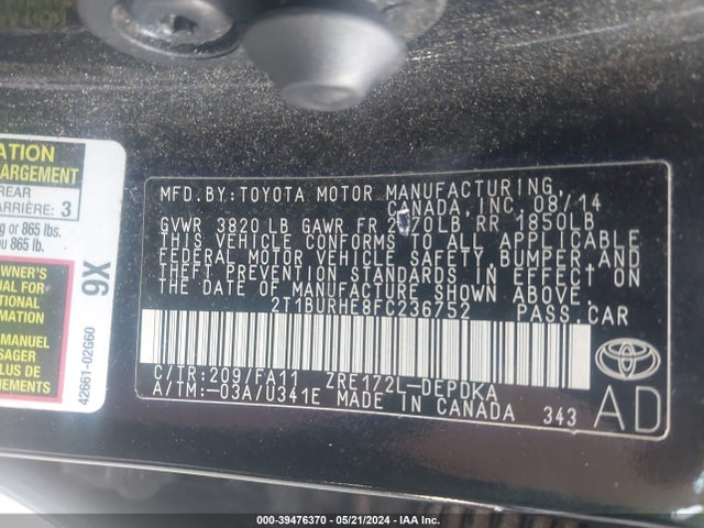 Toyota COROLLA L 2015 2T1BURHE8FC236752 Image 9