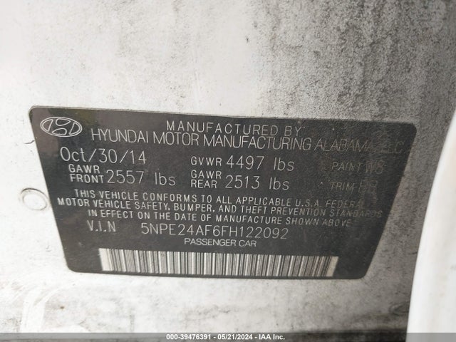 Hyundai SONATA SE 2015 5NPE24AF6FH122092 Image 9