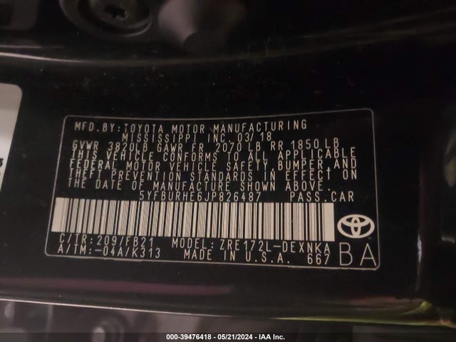 Toyota COROLLA LE 2018 5YFBURHE6JP826487 Image 9