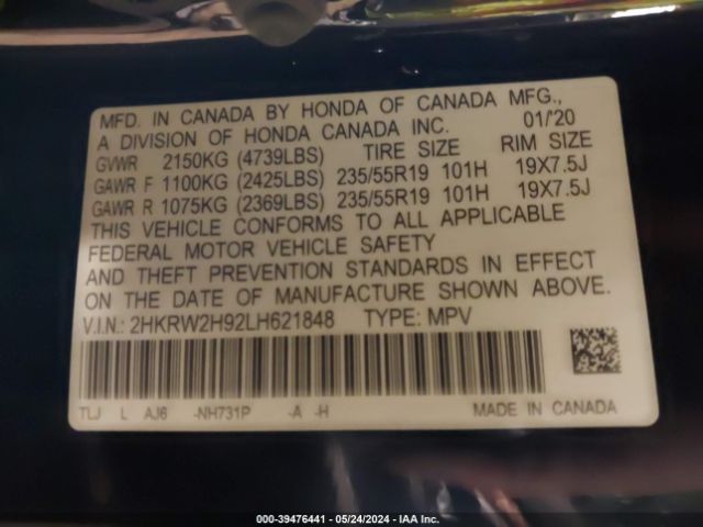 2HKRW2H92LH621848 Honda Cr-v Awd Touring