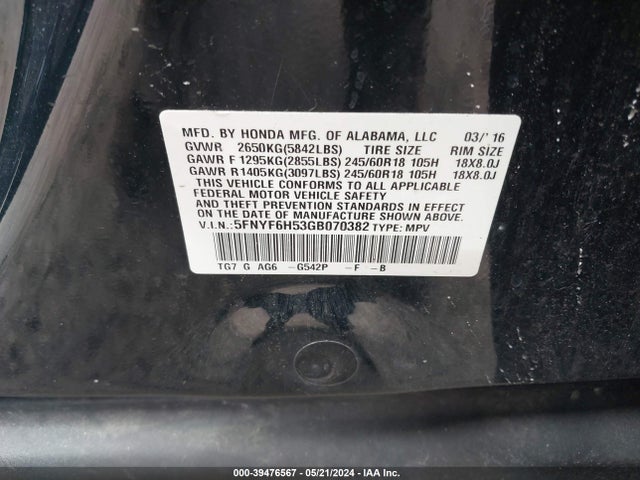 Honda j35y6 2016 5FNYF6H53GB070382 Image 9