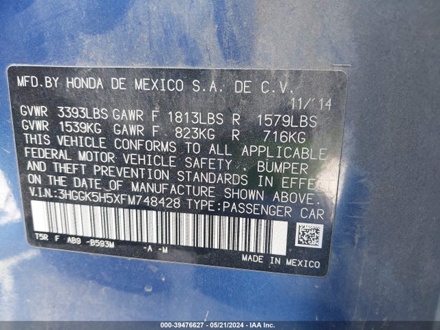 Honda FIT LX 2015 3HGGK5H5XFM748428 Image 9