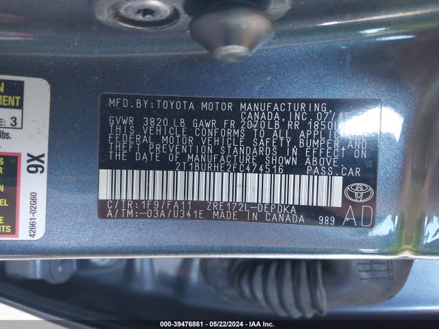 Toyota COROLLA L 2015 2T1BURHE2FC474516 Image 9