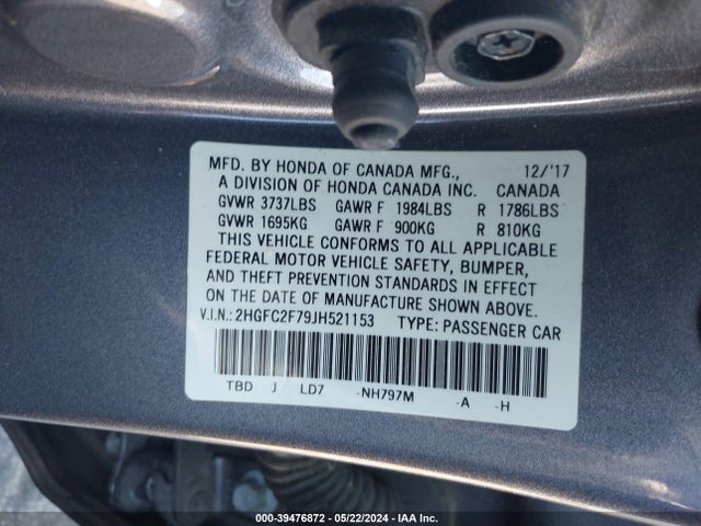 Honda CIVIC EX 2018 2HGFC2F79JH521153 Image 9