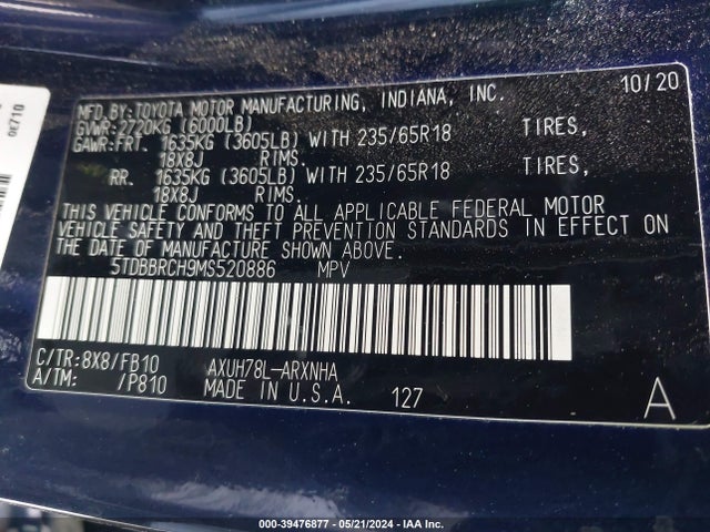 Toyota Highlander Hybrid Le 2021 5TDBBRCH9MS520886 Image 9