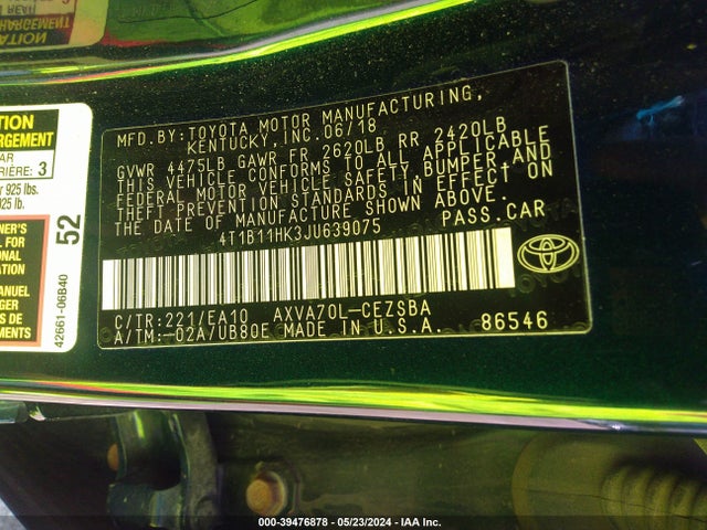 Toyota CAMRY SE 2018 4T1B11HK3JU639075 Image 9
