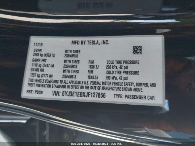 5YJ3E1EBXJF127856 Tesla Model 3 Long Range/performance