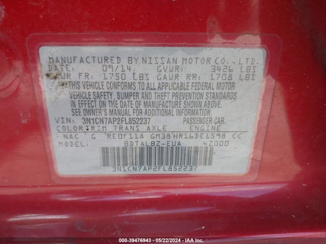 Nissan Versa 1.6 Sv 2015 3N1CN7AP2FL852237 Image 9
