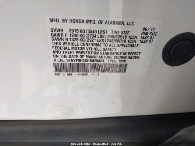 5FNYF5H3XHB025823 Honda Pilot Ex