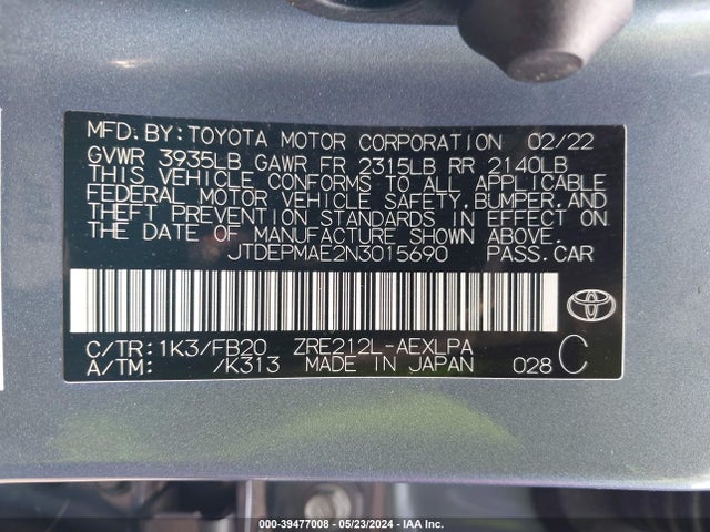 Toyota COROLLA LE 2022 JTDEPMAE2N3015690 Image 9