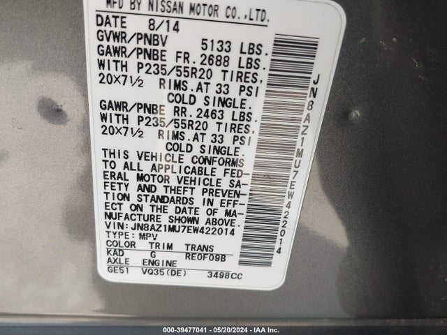 Nissan Murano Le 2014 JN8AZ1MU7EW422014 Image 9