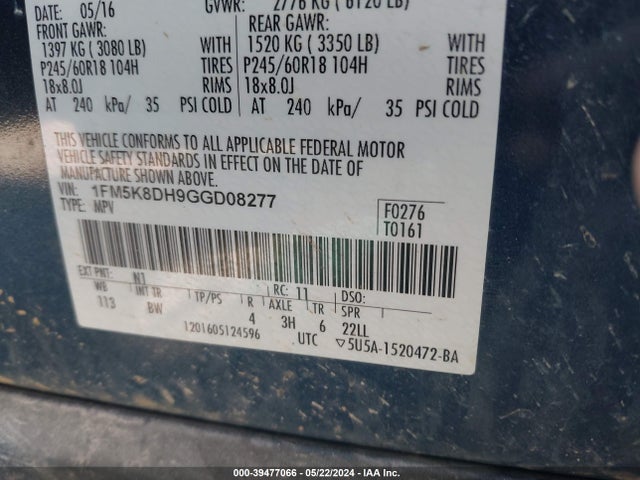 Ford EXPLORER XLT 2016 1FM5K8DH9GGD08277 Image 9