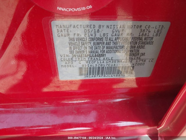 Nissan SENTRA SV 2018 3N1AB7AP8JL648891 Image 9