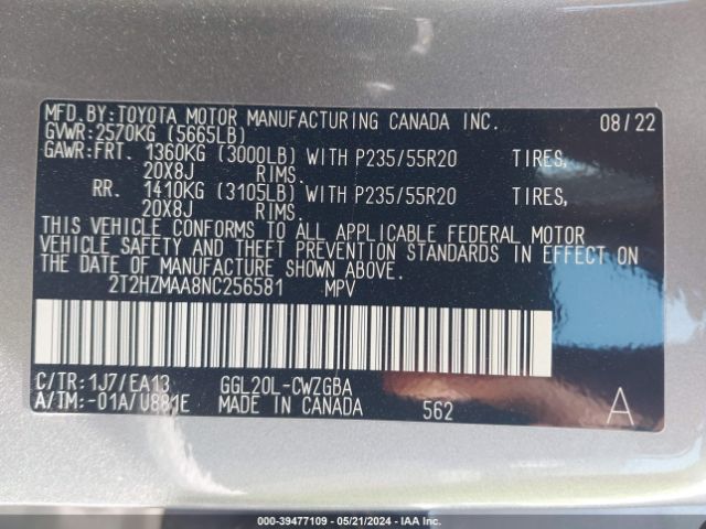2T2HZMAA8NC256581 Lexus RX 350