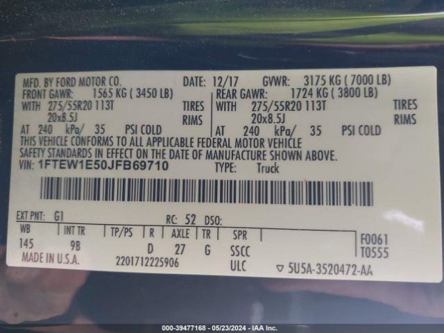 1FTEW1E50JFB69710 Ford F-150 Platinum