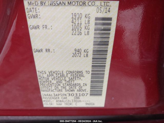 1N4AL3AP5FN303107 Nissan Altima 2.5/2.5 S/2.5 Sl/2.5 Sv