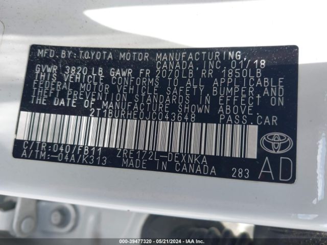 2T1BURHE0JC043648 Toyota COROLLA LE