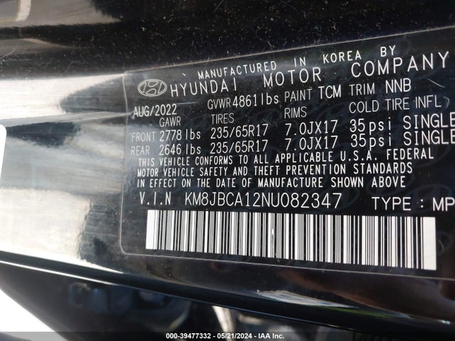 KM8JBCA12NU082347 Hyundai Tucson Hybrid Blue
