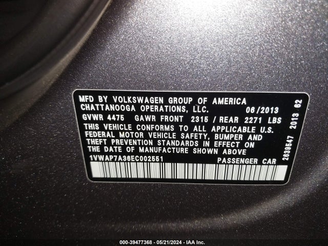 Volkswagen Passat 2.5l Wolfsburg Edition 2014 1VWAP7A36EC002551 Image 9