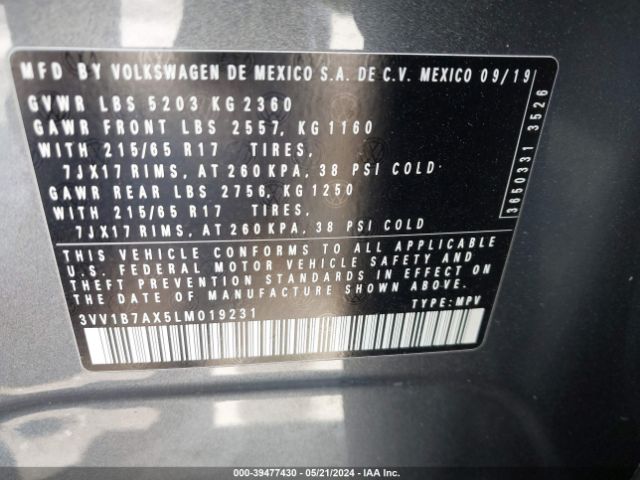 3VV1B7AX5LM019231 Volkswagen Tiguan 2.0t S