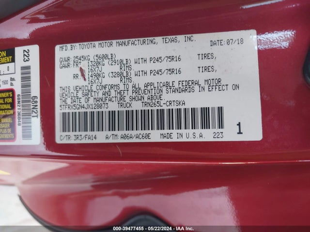Toyota Tacoma Sr 2018 5TFRX5GN4JX128073 Image 9