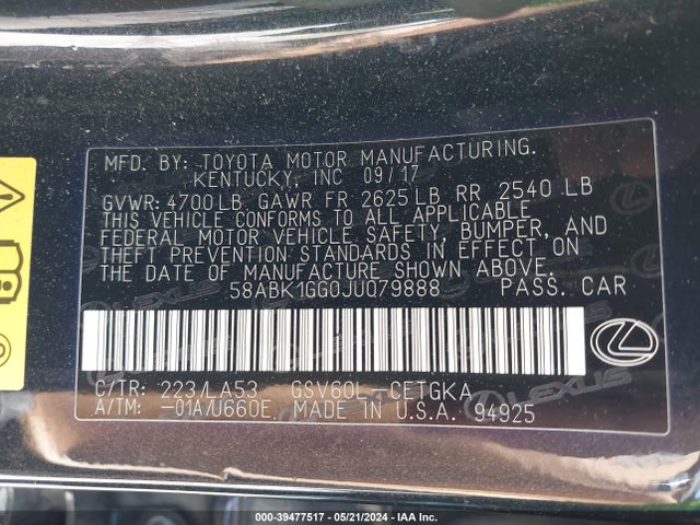 Lexus ES 350 2018 58ABK1GG0JU079888 Image 9