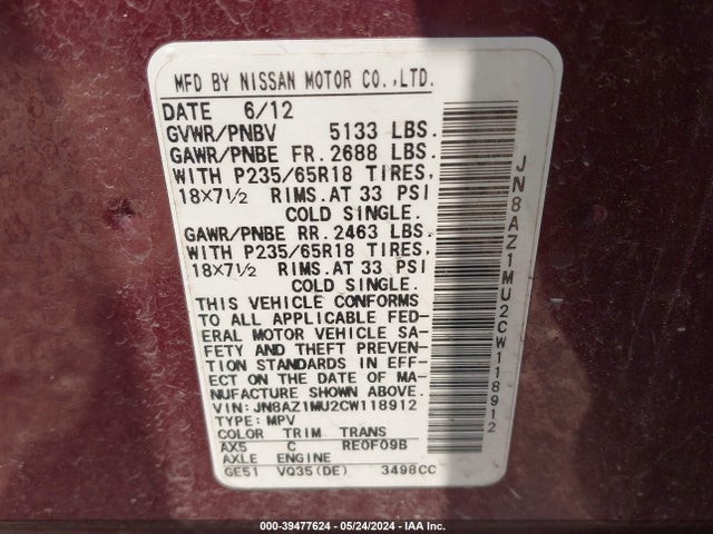 39477624 :رقم المزاد ، JN8AZ1MU2CW118912 vin ، 2012 Nissan Murano Sl مزاد بيع