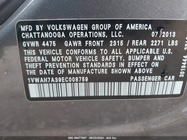 Volkswagen Passat 2.5l Wolfsburg Edition 2014 1VWAH7A39EC008759 Image 9