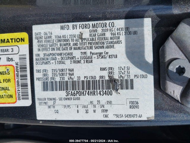 Ford FUSION SE 2017 3FA6P0H74HR143400 Image 9