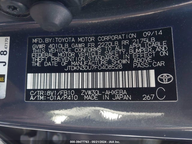Toyota Prius Two 2015 JTDKN3DU7F0408528 Image 9