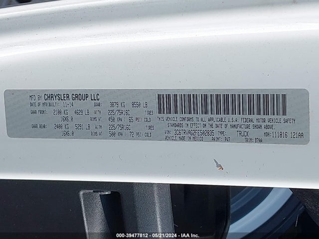 3C6TRVAG2FE502835 RAM Promaster 1500 Low Roof