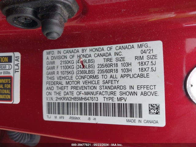 Honda Cr-v Awd Ex-l 2021 2HKRW2H85MH647613 Image 9