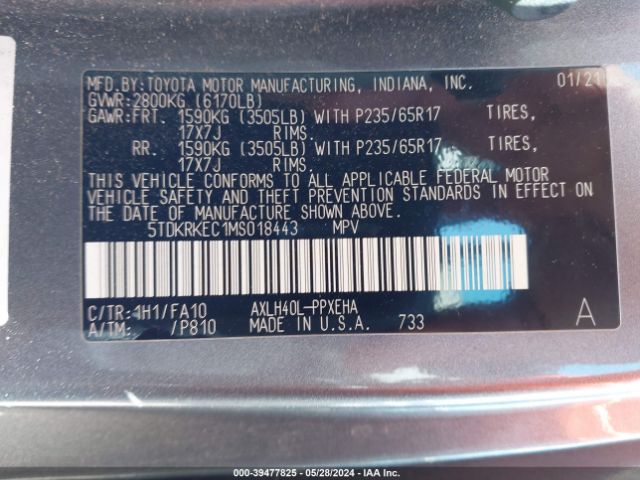 5TDKRKEC1MS018443 Toyota SIENNA LE