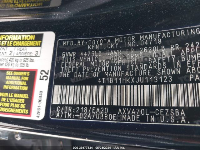 4T1B11HKXJU113123 Toyota CAMRY SE