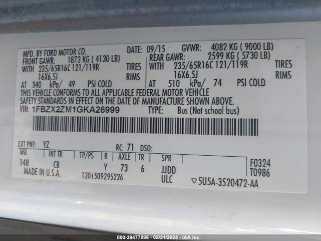 Ford Transit-350 Xlt 2016 1FBZX2ZM1GKA26999 Image 9