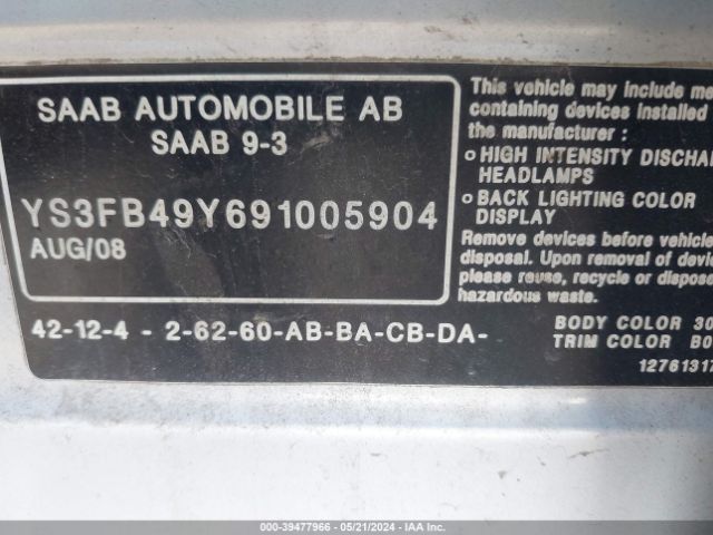 2009 SAAB 9-3 YS3FB49Y691005904 Photo 8