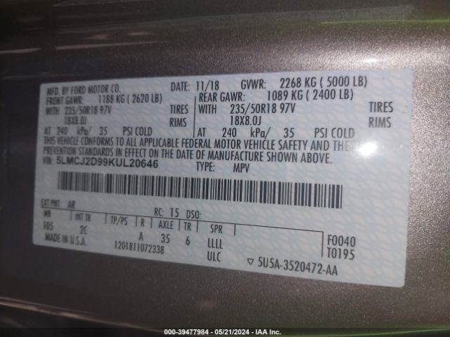 5LMCJ2D99KUL20646 Lincoln MKC SELECT