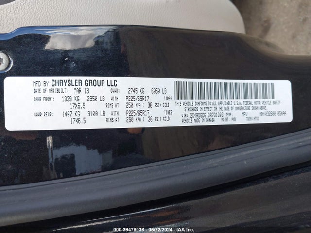 39478036 :رقم المزاد ، 2C4RDGDG1DR731303 vin ، 2013 Dodge Grand Caravan Crew مزاد بيع