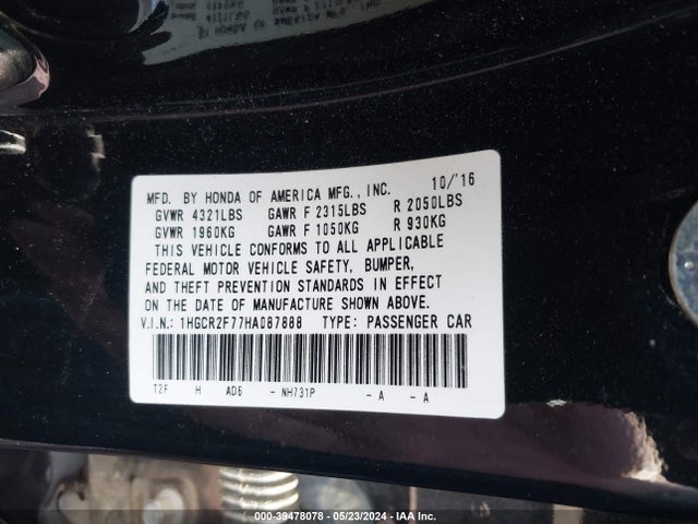 Honda ACCORD EX 2017 1HGCR2F77HA087888 Image 9