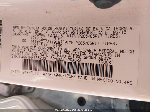 Toyota Tacoma Prerunner V6 2015 3TMJU4GN1FM185232 Image 9