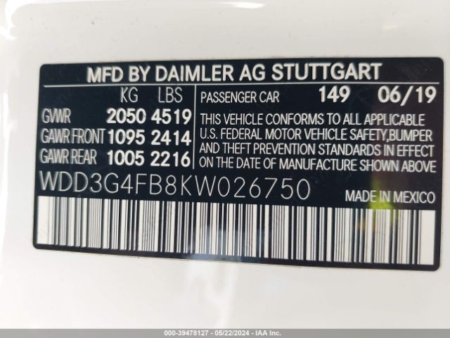 WDD3G4FB8KW026750 Mercedes-Benz A 220 4matic