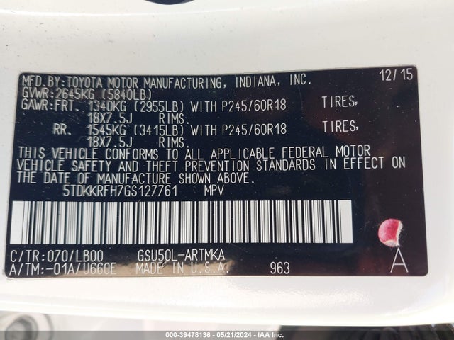 Toyota Highlander Xle V6 2016 5TDKKRFH7GS127761 Image 9