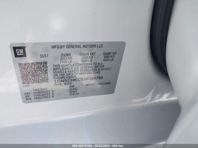 1GNSCHKC9JR186793 Chevrolet Suburban Lt
