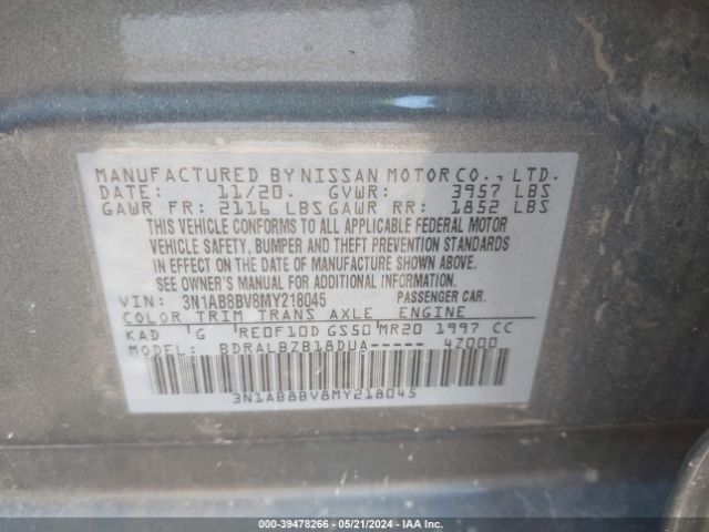 3N1AB8BV8MY218045 Nissan Sentra S Xtronic Cvt