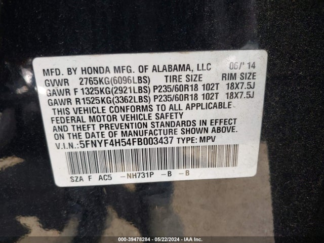 Honda Pilot Ex-l 2015 5FNYF4H54FB003437 Image 9