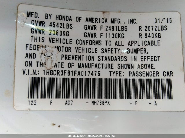 Honda Accord Ex-l V-6 2015 1HGCR3F81FA017475 Image 9