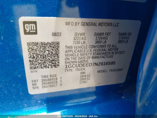 1GCUDEED7NZ616585 Chevrolet Silverado 1500 4wd  Short Bed Rst