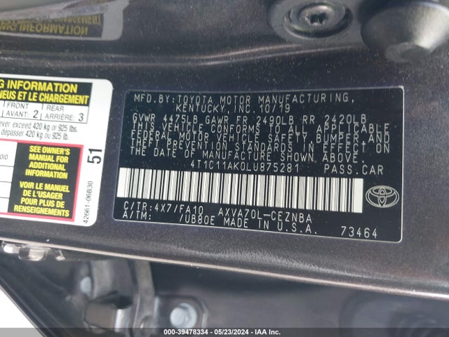 Toyota CAMRY LE 2020 4T1C11AK0LU875281 Image 9