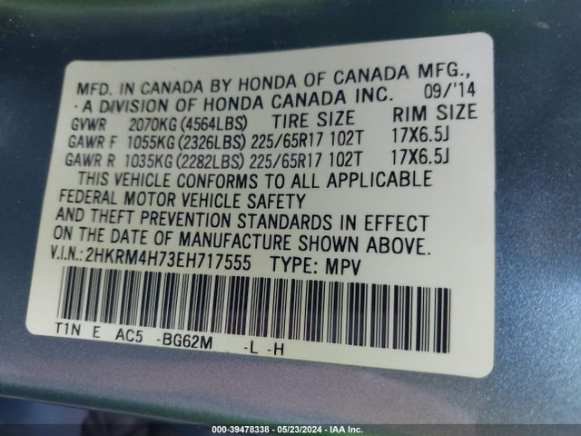 Honda Cr-v Ex-l 2014 2HKRM4H73EH717555 Image 9