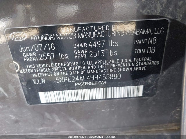 Hyundai Sonata 2017 5NPE24AF4HH455880 Image 9
